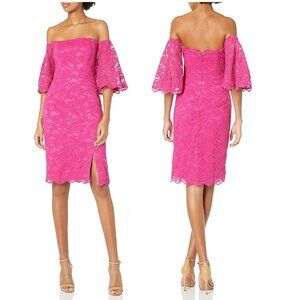 NWT $465 Nicole Miller Off-the-shoulder Hot Pink Floral Lace Cocktail Dress sz12